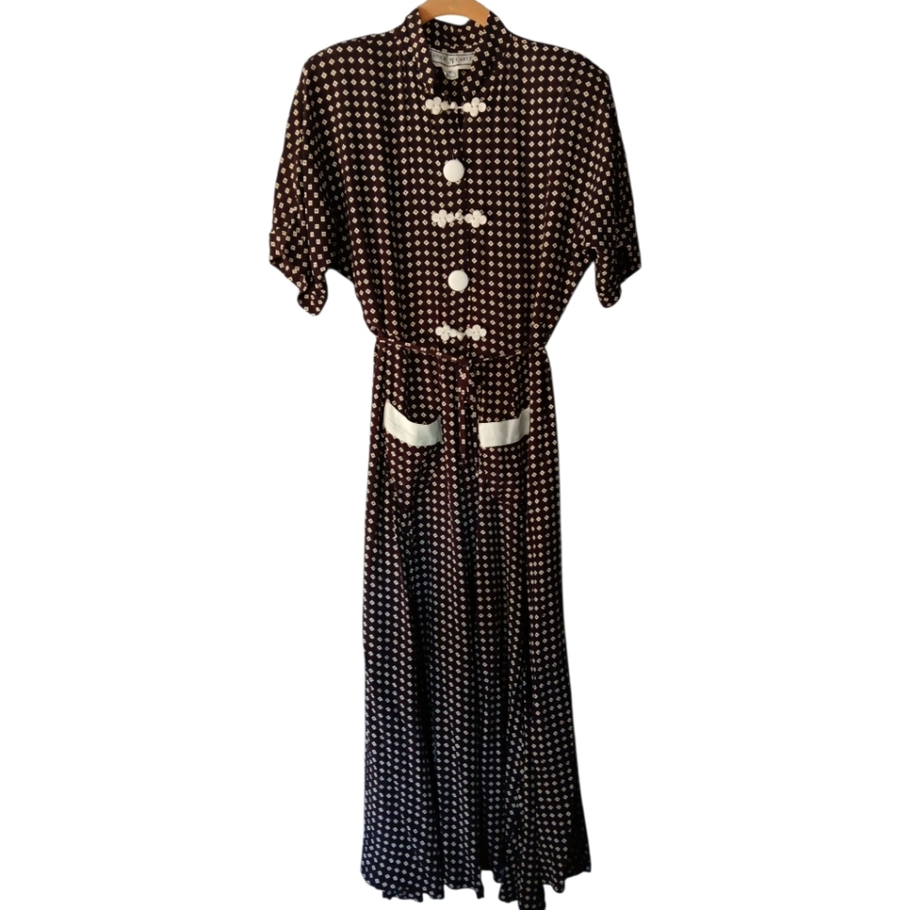 Vintage JaniceMc CARTY BrownPolka Dot ButtonUp Dress W/thin tie Belt  SZ Petite